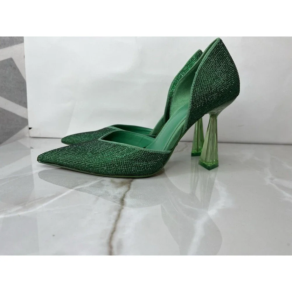 ZARA RHINESTONE HI HEEL STILETTO PUMPS SHOES GREEN SZ 37 Us 7 SLIP ON - Picture 3 of 10